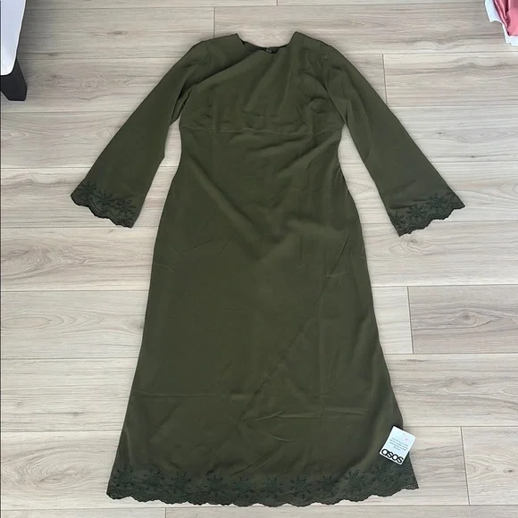 ASOS DESIGN embroidered cuff and hem maxi dress in khaki - Picture 3 of 15